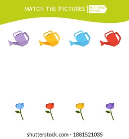 Matching children educational game. Match watering cans and flowers by color. Activity for pre sсhool years kids and toddlers.