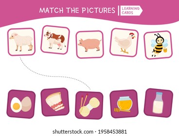 Matching children educational game. Match pictures. Activity for pre sсhool years kids and toddlers. Farm animals.