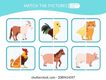 Matching children educational game. Match parts of farm animals. Activity for pre sсhool years kids and toddlers.