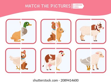 Matching children educational game. Match parts of farm animals. Activity for pre sсhool years kids and toddlers.