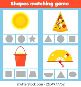 Matching children educational game. Match real objects with geometric shapes. Learning forms activity for kids and toddlers. Triangle, trapezium, circle, semicirle