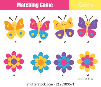 Matching children educational game. Match by color. Make pairs of butterfly and flowers. Activity for kids and toddlers.