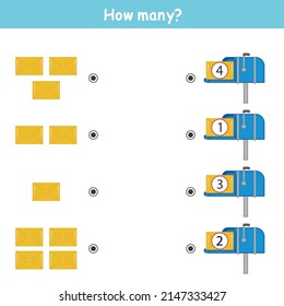 Matching children educational game. Match of envelopes and mailboxes. Learning to count. Activity for pre sсhool years kids and toddlers