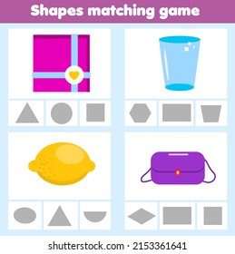 Matching children educational game. Match real objects with shapes. Learning forms. Flashcards activity for kids and toddlers.