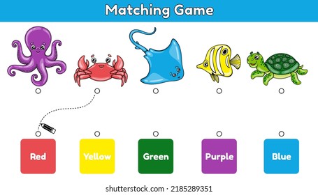 Matching children educational game. Match sea animals and colors. Activity for kids and toddlers. Vector illustation.