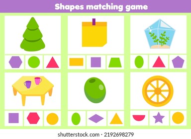 Matching children educational game. Match real objects with shapes. Learning forms. Flashcards activity for kids and toddlers.