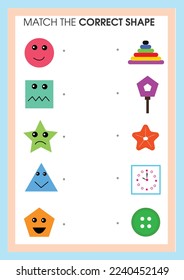 Matching children educational game. Match real objects with geometric shapes. Learning forms activity for kids and toddlers.