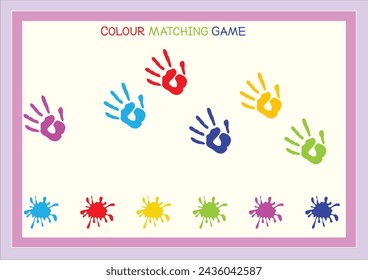 Matching children educational game. Match colorful hands with correct color. Activity for pre sсhool years kids and toddlers.