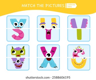 Matching children educational game. Match parts of monster letters. Activity for pre sсhool years kids and toddlers.
