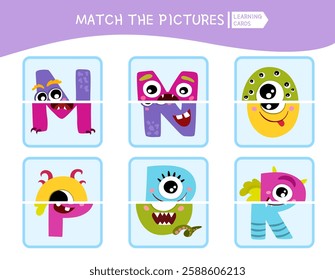 Matching children educational game. Match parts of monster letters. Activity for pre sсhool years kids and toddlers.