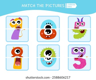 Matching children educational game. Match parts of monster numbers. Activity for pre sсhool years kids and toddlers.