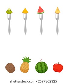 Matching children educational game. Match  of fruit slivers on forks and whole fruit. Activity for pre sсhool years kids and toddlers.