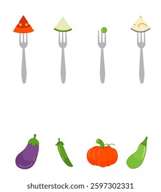 Matching children educational game. Match  of vegetables slivers on forks and whole vegetables. Activity for pre sсhool years kids and toddlers.