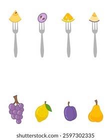 Matching children educational game. Match  of fruit slivers on forks and whole fruit. Activity for pre sсhool years kids and toddlers.
