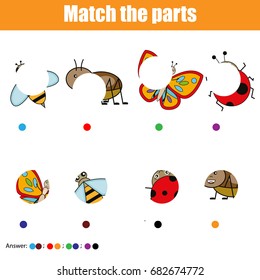 Matching Children Educational Game. Match Insects Parts. Find Missing Puzzle. Activity For Pre School Years Kids