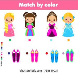 Matching children educational game. Match by color. Activity for pre shool years kids and toddlers. help princess find shoes