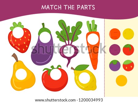 Matching children educational game. Match parts of cartoon vegetables. Activity for pre shool years kids and toddlers.