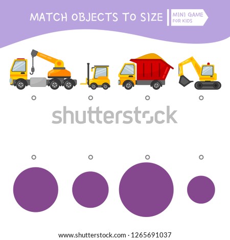 Matching children educational game. Match object to size. Activity for pre school years kids and toddlers. Cartoon transport.
