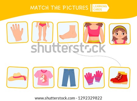 Matching children educational game. Match of body parts and clothing
. Activity for pre sсhool years kids and toddlers.