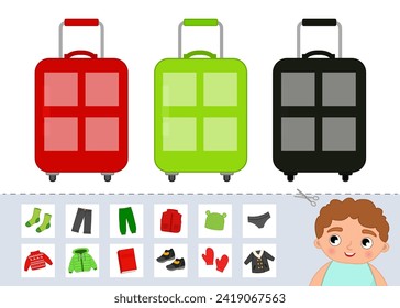 Matching children educational game. Organize clothes in suitcases by color. Activity for pre sсhool years kids and toddlers.