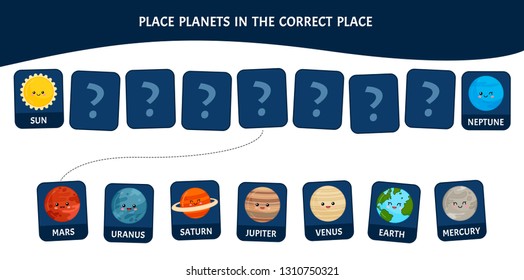 Matching children educational game. Place planets in the correct place.. Activity for pre sсhool years kids and toddlers.