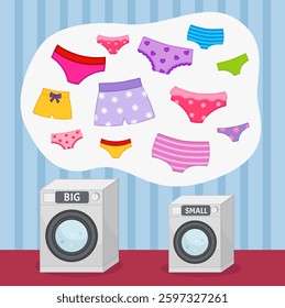 Matching children educational game. Place panties in washing machines according to size. Activity for pre sсhool years kids and toddlers.