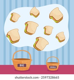 Matching children educational game. Place the sandwiches into baskets according to size. Activity for pre sсhool years kids and toddlers.