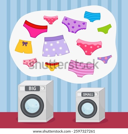 Matching children educational game. Place panties in washing machines according to size. Activity for pre sсhool years kids and toddlers.