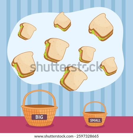 Matching children educational game. Place the sandwiches into baskets according to size. Activity for pre sсhool years kids and toddlers.