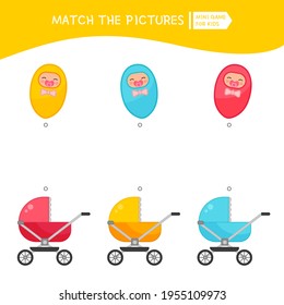 Matching children educational game. Put babies in the correct color of the stroller. Activity for pre sсhool years kids and toddlers.