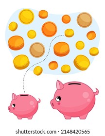 Matching children educational game. Put the big coins in the big piggy bank and the small coins in the small one.. Activity for pre sсhool years kids and toddlers.
