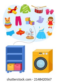 Matching children educational game. Put the toys in the closet, on the clothes in the washing machine. Activity for pre sсhool years kids and toddlers.
