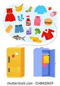 Matching children educational game. Put food in the fridge and clothes in the closet. Activity for pre sсhool years kids and toddlers.
