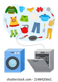 Matching Children Educational Game. Put Clothes In The Washing Machine And Dishes In The Dishwasher. Activity For Pre Sсhool Years Kids And Toddlers.
