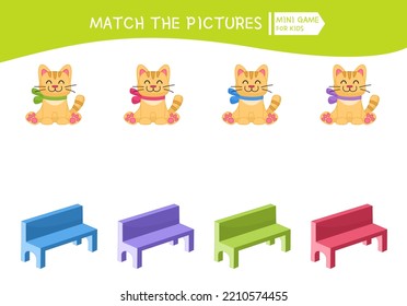 Matching children educational game. Put the cats on the benches by color. Activity for pre sсhool years kids and toddlers.