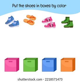 Juego educativo para niños. Pon los zapatos en cajas por color. Actividad para niños y niños de edad preescolar с.