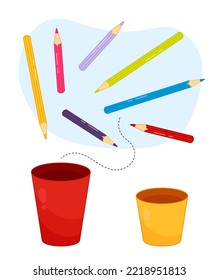 Matching children educational game. Put pencils in cups. Activity for pre sсhool years kids and toddlers.