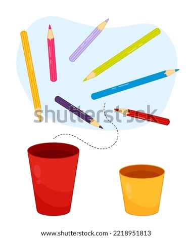 Matching children educational game. Put pencils in cups. Activity for pre sсhool years kids and toddlers.