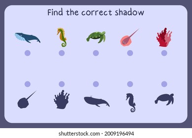 Matching children educational game with sea animals - whale, seahorse, turtle, coral. Find the correct shadow. Vector illustration.