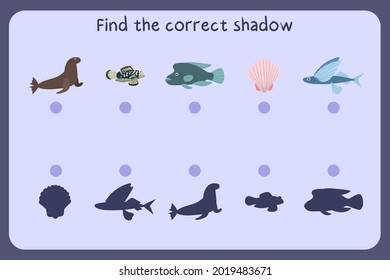 Matching children educational game with sea animals - sea lion, mandarin, humpnead wrasse, shall, flying fish. Find the correct shadow. Vector illustration.