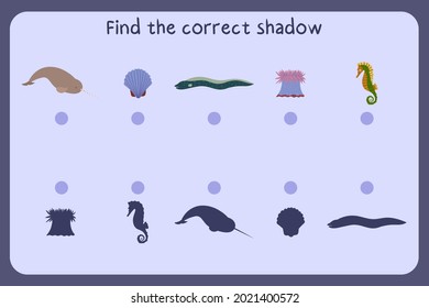 Matching children educational game with sea animals - narwhale, shall, muraena, sea anemone, seahorse. Find the correct shadow. Vector illustration.