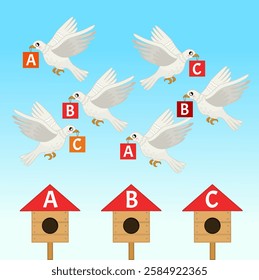 Matching children educational game. Take the bird to the correct house. Activity for pre sсhool years kids and toddlers.