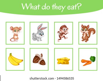 Matching Children Educational Game. What Do These Animals Eat? Activity for Preschool Kids and Toddlers.
Match Animal and Food. Worksheet for Education