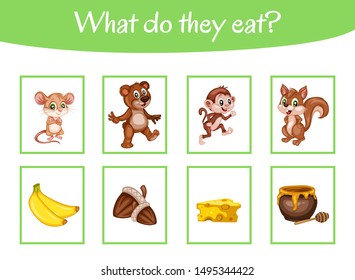 Matching Children Educational Game. What Do These Animals Eat? Activity for Preschool Kids and Toddlers.
Match Animal and Food. Worksheet for Education