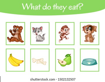 Matching Children Educational Game. What Do These Animals Eat? Activity for Preschool Kids and Toddlers.
Match Animal and Food. Worksheet for Education