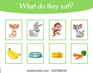 Matching Children Educational Game. What Do These Animals Eat? Activity for Preschool Kids and Toddlers.
Match Animal and Food. Worksheet for Education