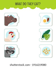 Matching children educational game. What do they eat?. Activity for pre sсhool years kids and toddlers. Animals and food.