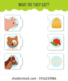 Matching children educational game. What do they eat?. Activity for pre sсhool years kids and toddlers. Animals and food.