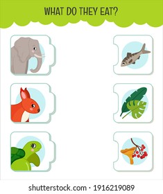 Matching children educational game. What do they eat?. Activity for pre sсhool years kids and toddlers. Animals and food.