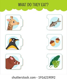 Matching children educational game. What do they eat?. Activity for pre sсhool years kids and toddlers. Animals and food.